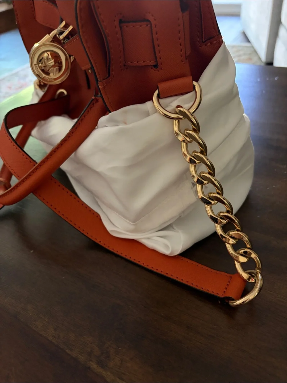 Michael Kors Orange Saffiano Satchel with Gold Hardware